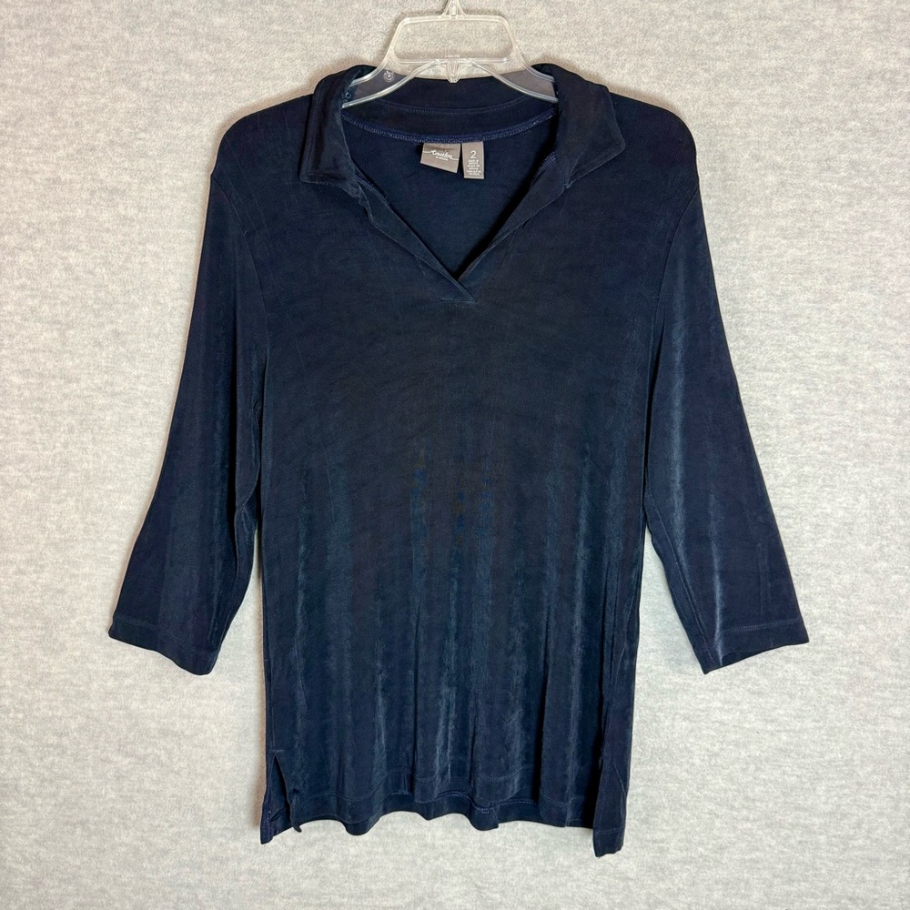 Chico's Travelers 2 L Collared V-Neck Pullover Tunic Navy Blue 3/4 Sleeve Slinky - Picture 2 of 11